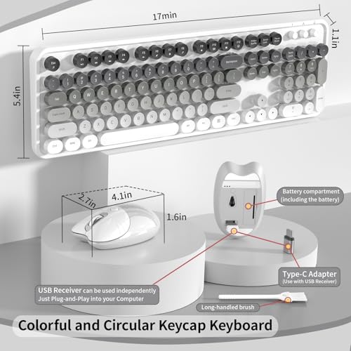 Image of Creamy Wireless Keyboard and Mouse, MOFII 104 Round Keycaps Retro Typewriter with OTG & Brush, Full-Size Ergonomic, Ideal for Windows PC, Home, Office and College Gray White