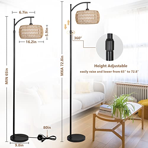 Arc Floor Lamp With Remote Control, Dimmable Led Floor Lamp With 3 Color Temperature, Black Standing Lamp With Rattan & Fabric Double Drum Shade, Boho Farmhouse Tall Pole Lamp For Living Room Bedroom #TOP3
