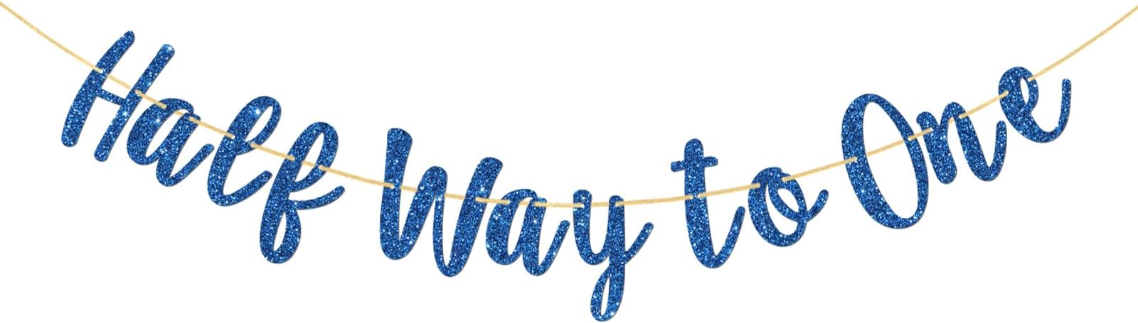 Half Way to One Banner, Baby 6 Months Banner, Baby Shower, Half 1/2 Birthday Party Garland Bunting Decorations - Blue Glitter