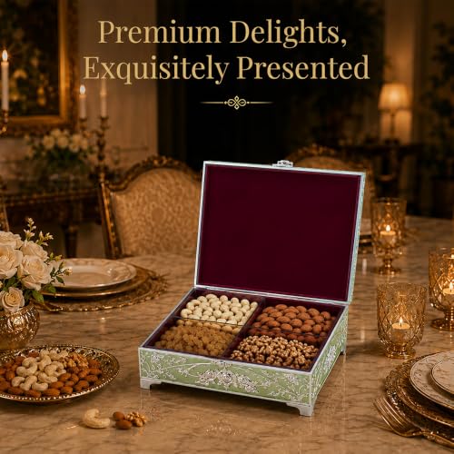 Image of Diviniti Decorative Silver Embossed Dry Fruit Box with 4 Compartments | Premium Green Decorative Gift Box for Dry Fruits, Nuts, Chocolates & Sweets | Elegant Home Decor & Festive Gift Storage Box