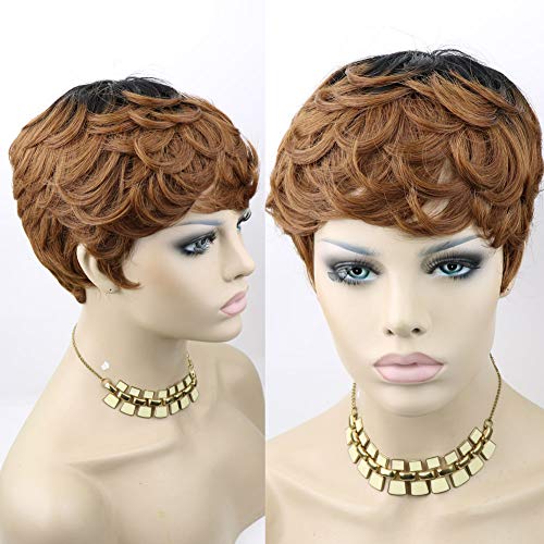 VRZ Short Wavy Human Hair Wigs with Bangs Pixie Cut Brazilian Hair Wigs Short Black Layered Pixie Wavy Wigs for Women (Side Wavy 1B/33#)