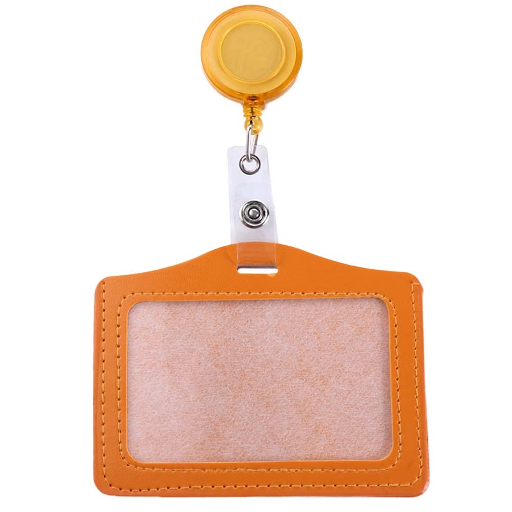 ID Badge Holder Retractable Badge Reels Badge Holder Clip Name Card Holder PU Leather Business Card Work Card for Nurse Doctor Teacher(Orange)
