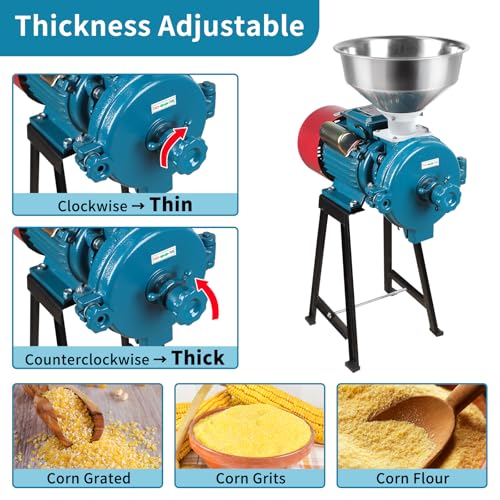 Image of Electric Grain Mill Grinder 3000W 110V | Commercial Corn Grinder with Funnel, Thickness Adjustable, For Grain Corn Rice Herbs Pepper Powder, Dry Use
