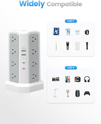 Miniatura 6 de Protección contra sobretensiones con tira de alimentación PD20W USB C, cable de extensión más grueso de 13A con múltiples tomas de 6 pies, tira de