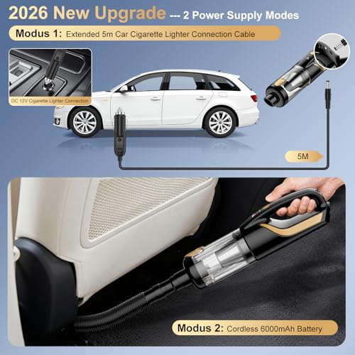 Image of RABIGALA 4-in-1 Cordless Handheld Car Vacuum Cleaner with 12V 5M Cigarette Lighter Adapter Cable, 27000Pa, 2 Speeds, 80000rpm Brushless Motor, Rechargeable Portable Car Vacuum Cleaner for Car and