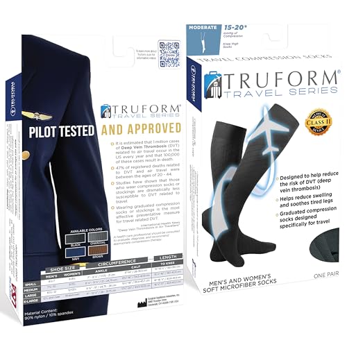 Image of Truform Travel Compression Socks for Men and Women, 15-20 Knee High Over Calf Length, Navy, Small