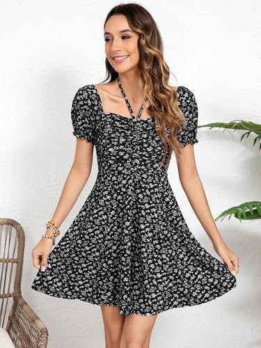 Image of Missufe Women's Puff Short Sleeve Drawstring Ruched Front Fit and Flare Floral Summer Casual Short Dress