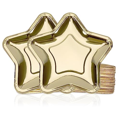 GEMLORD 32 Pieces Thick Gold Star Shaped Disposable Paper Plates - Elegant Dinnerware for Birthdays Weddings and Celebrations - Perfect for Appetizers Desserts and Fruit 9.45 Inch