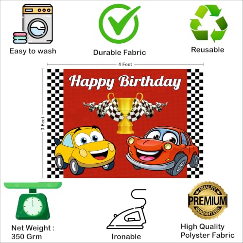 Image of Car Theme Happy Birthday Backdrop 4x3 Ft for Kids Party Decoration, Birthday Banner Background Curtain for Boys & Girls, Cake Table Decor, Photography Background Cloth