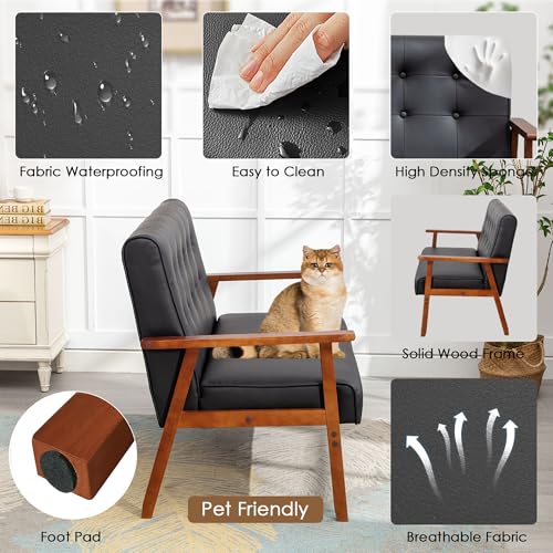 Image of STHOUYN Black Small Leather Couch, 2 Seater Loveseat with Wooden Armrest | STHOUYN, Waiting Room Bench, Mid Century Modern, Living Room, Bedroom, Apartment, Dorm