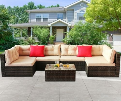 Image of 6 Seater Outdoor Rattan Patio Sofa Sets for Garden Furniture Outdoor Sofa with Glass Top Center Table Multiuse Sofa Set (Beige)