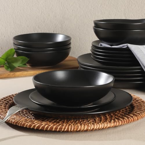 Image of Gibson Home Bethel 18 Piece Plates and Bowls Ceramic Stoneware Organic Shape Dinnerware Set (Service for 6) - Matte Black