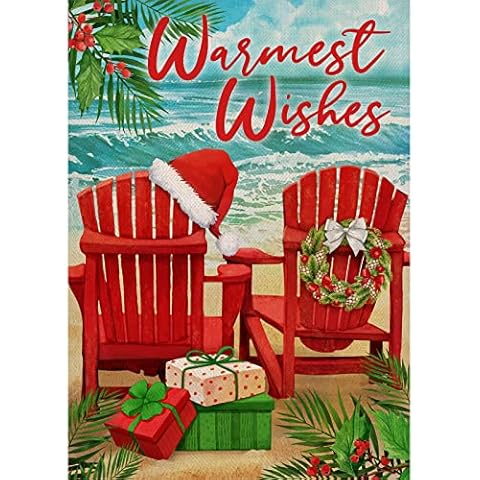 Selmad Warmest Wishes Christmas Red Chair Tropical Decorative Burlap Garden Flag, Xmas Coastal Beach Home Yard Small Outdoor Decor, Winter Ocean Outside Decoration Double Sided 12 x 18 Cover