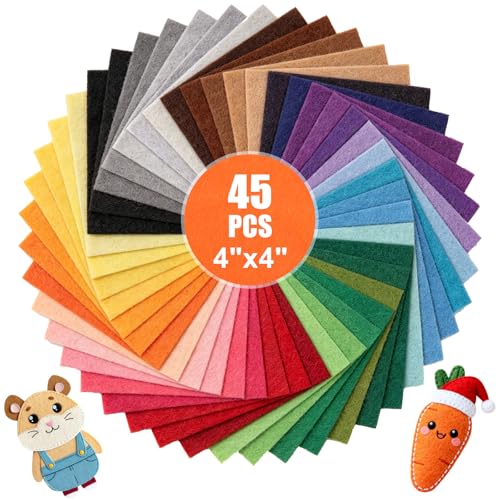 45 Pcs Assorted Felt Sheets Felt Fabric 4x4 Stiff Felts Craft Squares for DIY Sewing Patchwork Decorative Projects 1 mm Thick