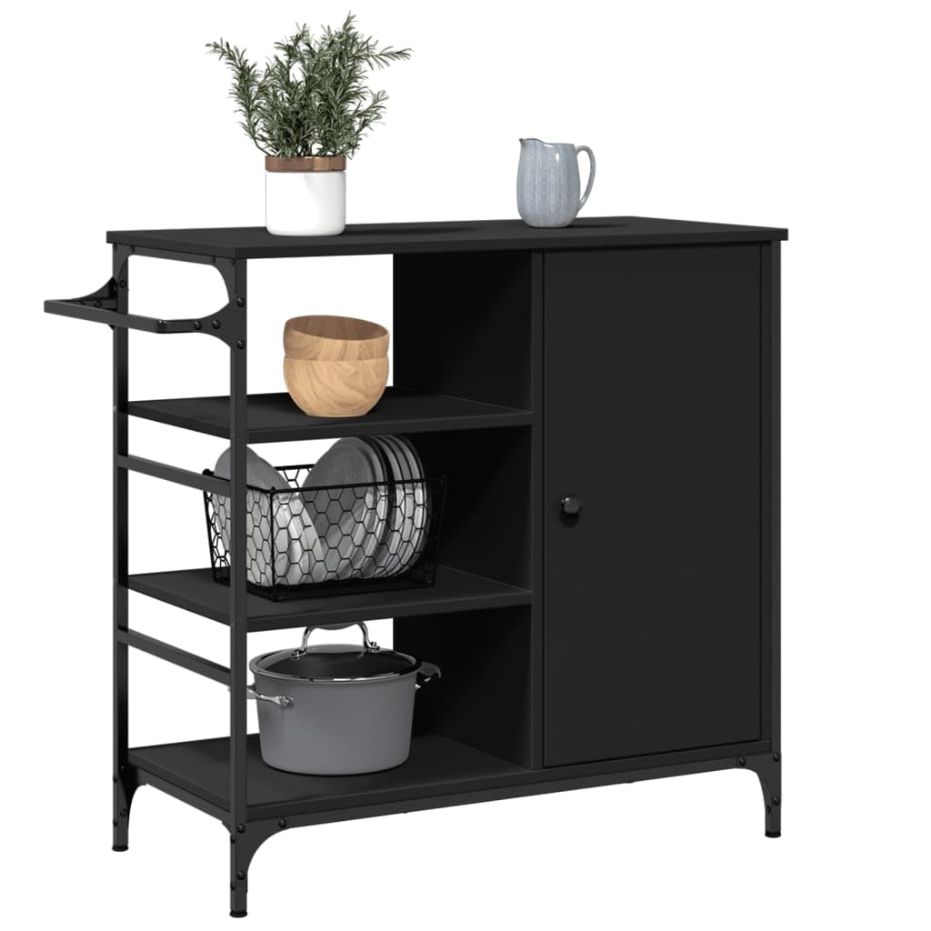 Carro de cocina negro con material de madera y marco de acero, 87,5 x 38,5 x 84,5 cm, con 4 ruedas y frenos, carrito de servicio con espacio de almacenamiento, estante, carrito auxiliar para