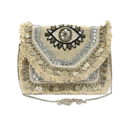 Maresse Women Ethnic Embellished Handmade Designer Boho Bag | Stylish Bohemian Crossbody Purse | Ideal for Festivals, Weddings and Casual Outings| Unique Fashion Accessory (Evil Eye Wonder)