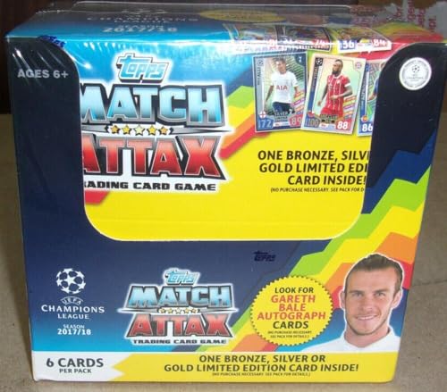 2017-18 TOPPS MATCH ATTAX UEFA CHAMPIONS LEAGUE SOCCER EUROPA Factory Sealed RETAIL BOOSTER BOX. 50 packs of 6 cards. Chance for Gareth Bale autograph hits. One Bronze, Silver or Gold Limited Edition Card in each Pack. Chase Man of the Match, Hat Trick Heroes, Rising Stars, Star Players and 100 Club Foil Inserts of stars such as Christian Ronaldo, Lionel Messi and Harry Kane. GREAT GIFT FOR THE COLLECTOR AND GAME PLAYER..