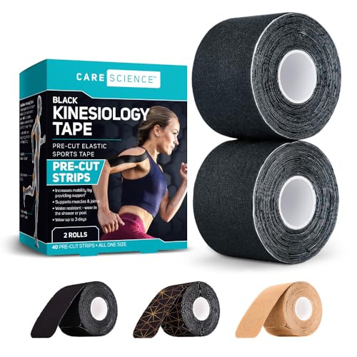 Care Science Waterproof Kinesiology Tape, 40 ct Precut Strips (2 Rolls), Black | Elastic Sports & Weightlifting Tape Supports Muscles & Joints. Water Resistant