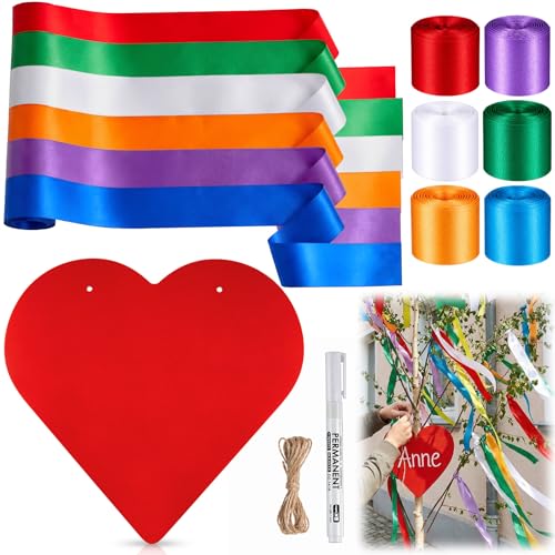 Tenare 9 Set Maibaum Deko Inklusive 60m 5cm Breit 6 Farbe Maibaum Bänder Wetterfest Mit 30cm Groß Rot Holzherz Weißer Marker 1m Hanfseil Für Party Dekor Feier Hochzeit Geschenk DIY