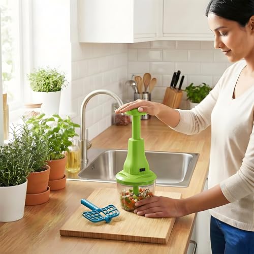 Image of Chopper for Kitchen Use | 650 ml Round Push Chopper with 3 Blades and Whisker | Chopping Vegetables & Fruits, Onion, Ginger, Garlic, Salad, Tomato, Potato (Green)