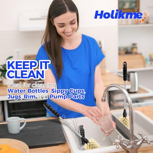 Image of Holikme 6 Pack Bottle Brush Tube Set, 14 inch Long Handle Stainless Steel Bottle Cleaner Brush, 3 Straw Brushes, Portable 3-in-1 Bottle Cleaning Brush for Water Bottle Cups Baby Bottle Straws, Yellow