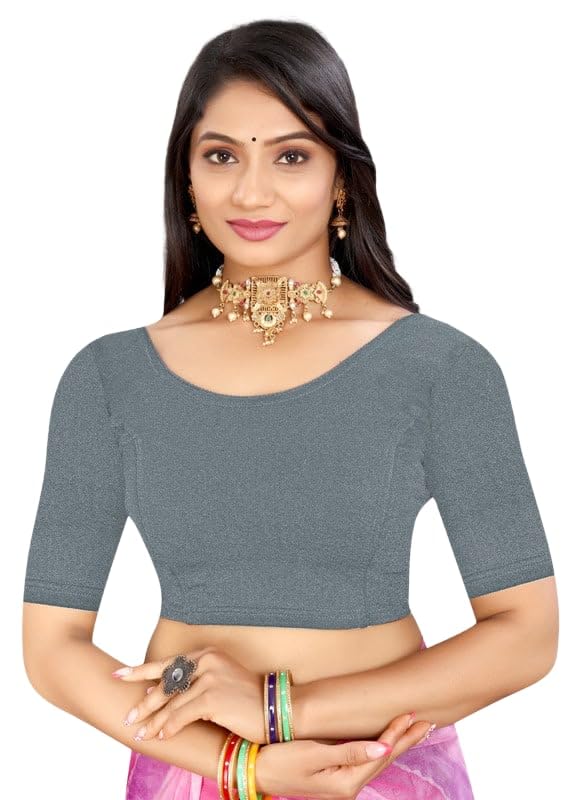Women's Stretchable Readymade Saree Blouse | Round Neck | Puff Net Embroidered Sleeves | Half Sleeve *975 Parent-image-24