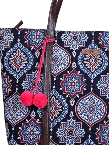 Image of NEPRI Oversized Office Tote Bag | Stylish Tote Bags | Purse for Women | Vegan Leather & Hanblock Printed Fabric Handbag with Double Handle Shoulder Strap| Daily & Travel Use