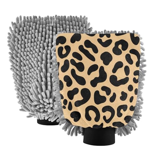 Kigai Beautiful Leopard Print Texture Car Wash Mitt Microfiber, 2Pcs Scratch Free Lint-Free, Premium Chenille Microfiber Mitt Car Wash Brush-M
