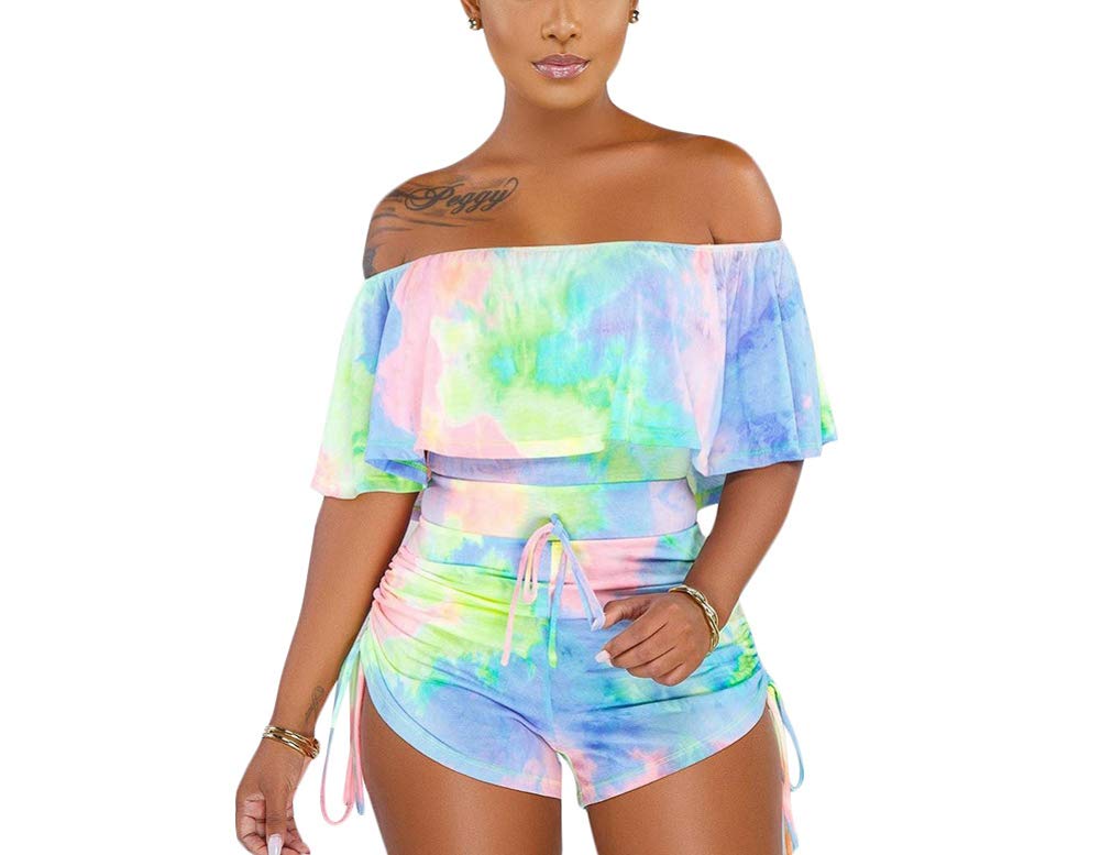 JUNBOONWomen Tie Dye Print Jumpsuits Off Shoulder Ruffle Drawstring Short Rompers Outfit