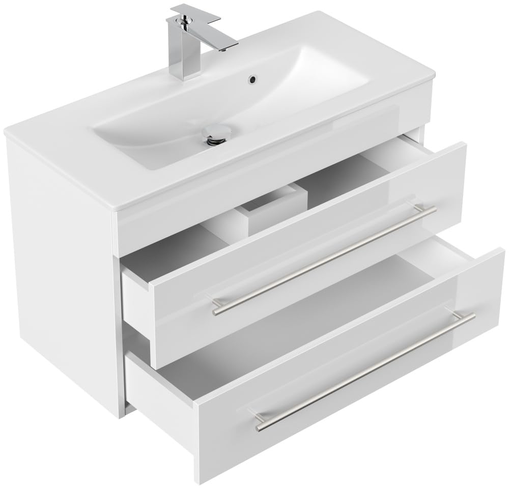 Badmöbel Mars 800 SlimLine mit Keramik Waschbecken, Weiß Hochglanz, 80 cm | SoftClose, Unterschrank mit 2 Schubladen, für Badezimmer