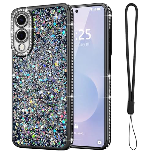 Lafunda Samsung Galaxy S25 Edge 用 ケース キラキラ ダイヤモンド スマホケース 女性 かわいい ラメ 軽量 スリム 耐衝撃 ワイヤレス充電対応 ギャラクシー S25 Edge 用 シリコーン保護ケース ストラップ付き ブラ