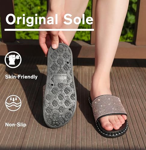 Image of Fur Story Womens Slides House Slippers Rhinestone Glitter Slides Cute bling Flat for Women Platform Sandals Cozy Bedroom Slippers Shower Shoes