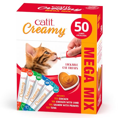 Catit Creamy Variety Pack Lickable Cat Treats for Cats and Kittens, Cat Treat Licky Snack, Grain-Free Lick Treat, 50 x 10g Multipack