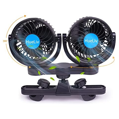 HueLiv Car Fan 12V Brushless for Rear Seat Passenger with Cigarette Lighter,Electric Cooling Fan with 360°Rotatable Dual Head,Powerful Silent, Summer Cooling for Car Truck Van SUV RV Boat Cover