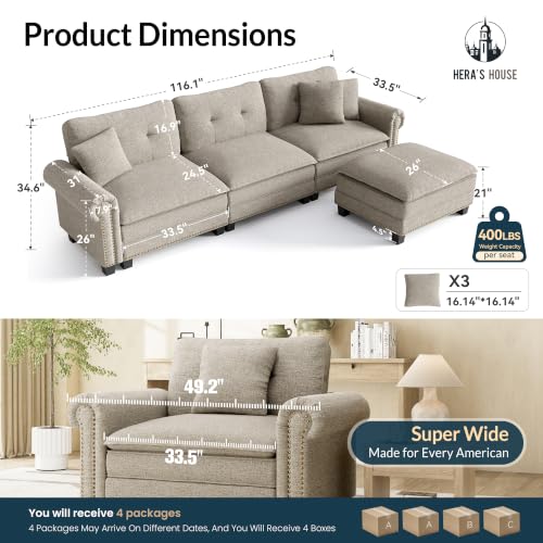 Image of HERA'S HOUSE 116 inch Oversized L Shaped Modular Sectional Couch Living Room | Mid-Century Modern 4-Seater Cloud Sofa, Light Gray, Rolled Arms & Nailhead Trim, Wider & Deeper Seats, Ottoman, Linen