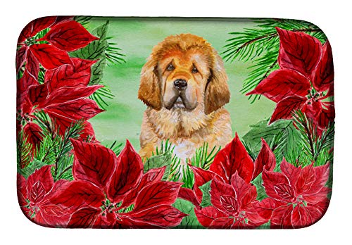 Caroline's Treasures CK1368DDM Tibetan Mastiff Poinsettas Dish Drying Mat Absorbent Dish Drying Mat Pad for Kitchen Counter Dish Drainer Mat for Countertop, 14 x 21", Multicolor