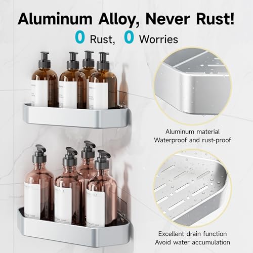 Image of Veken Aluminum Corner Shower Caddy 4-Pack, Never Rust&Large Capacity,Silver | No Drilling Shelves, Rack with Soap Holder&Towel Bar, Super-Strong Adhesive for High Load, Bathroom Organizers and Storage