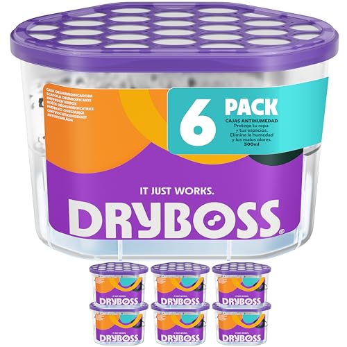 DRYBOSS Pack x 6 Deshumidificador Absorbente Anti Humedades de Armarios, Interior Casa, Cajones, Habitacion, Pared, Coche. Quita Olores y Absorbe Humedades. Previene Condensación. Antihumedad