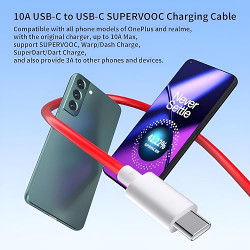 Image of Hoerrye Oneplus Original 65W Type C To C Warp /Dash /Supervooc Fast Charging Cable Compatible With One Plus 12,12R,11,11R,10,10 Pro,10T,9,9R,9Rt 5G,8,8 Pro,Nord,Ce 2 Lite 5G,3.3Ft Usb C Type Cable-Red