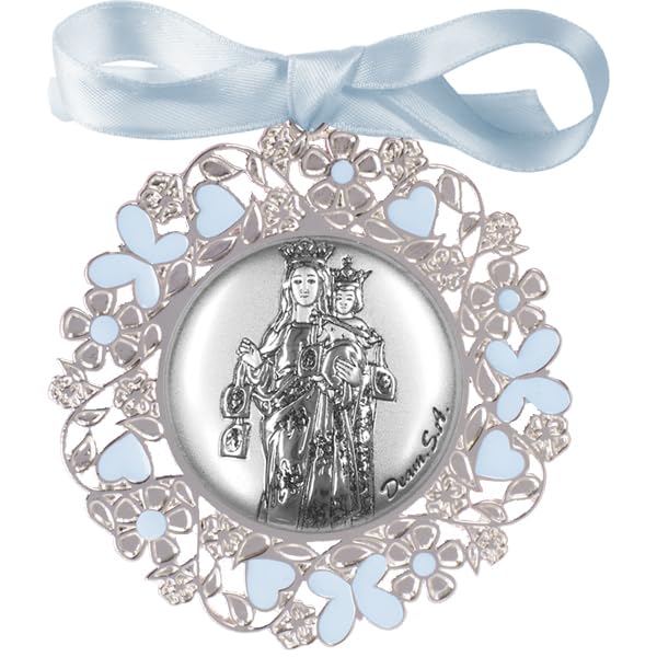 Medallón Metálico, Plateado y Esmaltado Ø6 cm, con Aplique Laminado en Plata de Ley 925‰ de La Virgen del Carmen. Con Opción de Personalizado. (09605-8)
