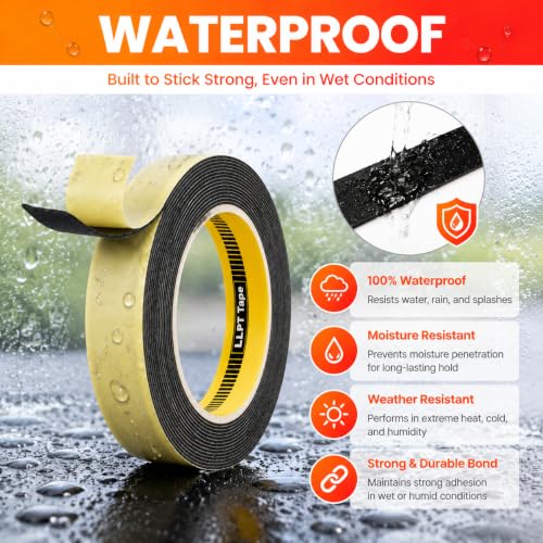 Image of LLPT Double Sided Foam Tape 1 /2 inch x 18 Ft Black | Heavy Duty, Strong Bonding, Waterproof, Weather Resistant for Banners Posters Alarm Sensors LED Strips and Home Office Decor