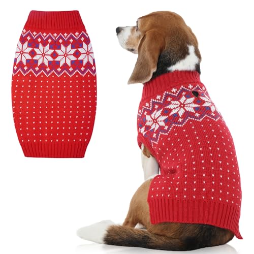 FUAMEY Dog Christamas Sweater, Warm Dog Sweater Classic Snowflake New Year Turtleneck Sweaters Knitwear Cold Weather Dogs Pullover for Small Medium Dogs Puppies & Cats Bulldogs Corgi with Leash Hole