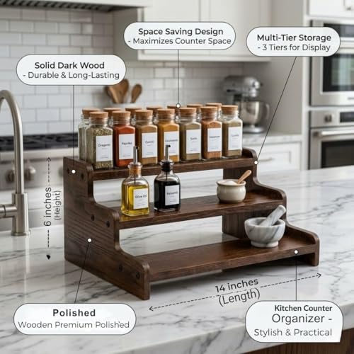 Image of SAFAK 3 Tier Wooden Kitchen Organizer Rack for Countertop | Wooden Spice Rack Stand for Kitchen Counter | Kitchen Shelf Organizer & Cabinet Shelf Riser | Decorative Masala Rack Storage Stand | Dark