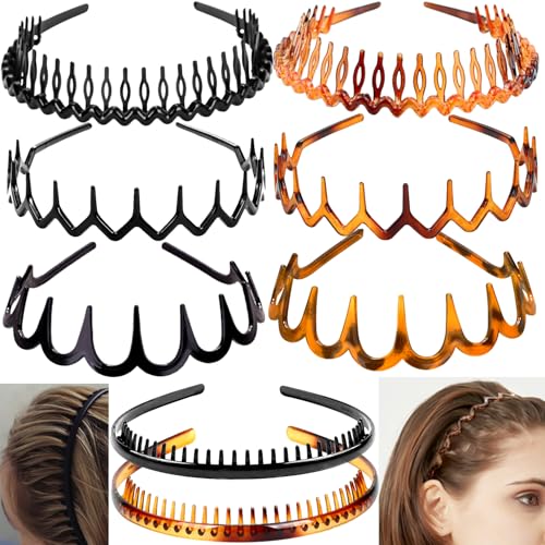 Image of ULTIMUTE 8 PCS Fashion Effortless Plastic Headbands with Teeth Comb Black Skinny Headbands No Slip Hair Accessories Bands for Women Men Teen Girls, Leopard&Bright Black