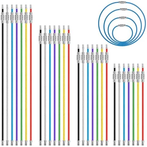 JIYIN 28 Pcs Metal Wire Keychains, 2mm Stainless Steel Connecter Key Rings Loops, 4" 6" 7.8" 10" Coated Wire Cable Key Rings for Hiking Luggage ID Tags,Key Tags,Keyrings, Kitchen Utensils -7 Colors Cover
