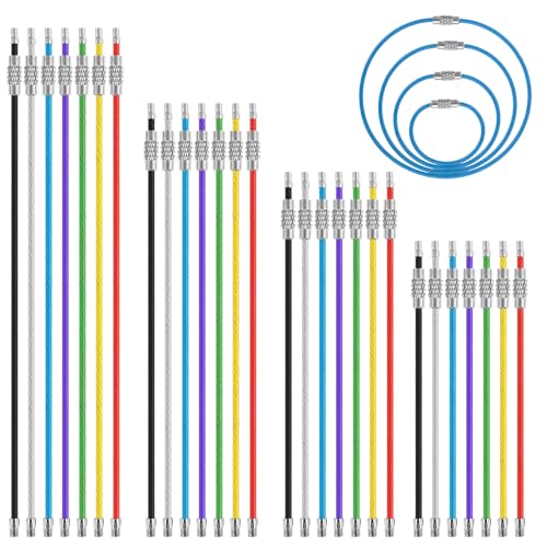 JIYIN 28 llaveros de alambre de metal, conectores de acero inoxidable de 2 mm, llaveros de cable recubierto de 4, 6, 7.8 y 10 pulgadas, para etiquetas de identificación de equipaje de senderismo