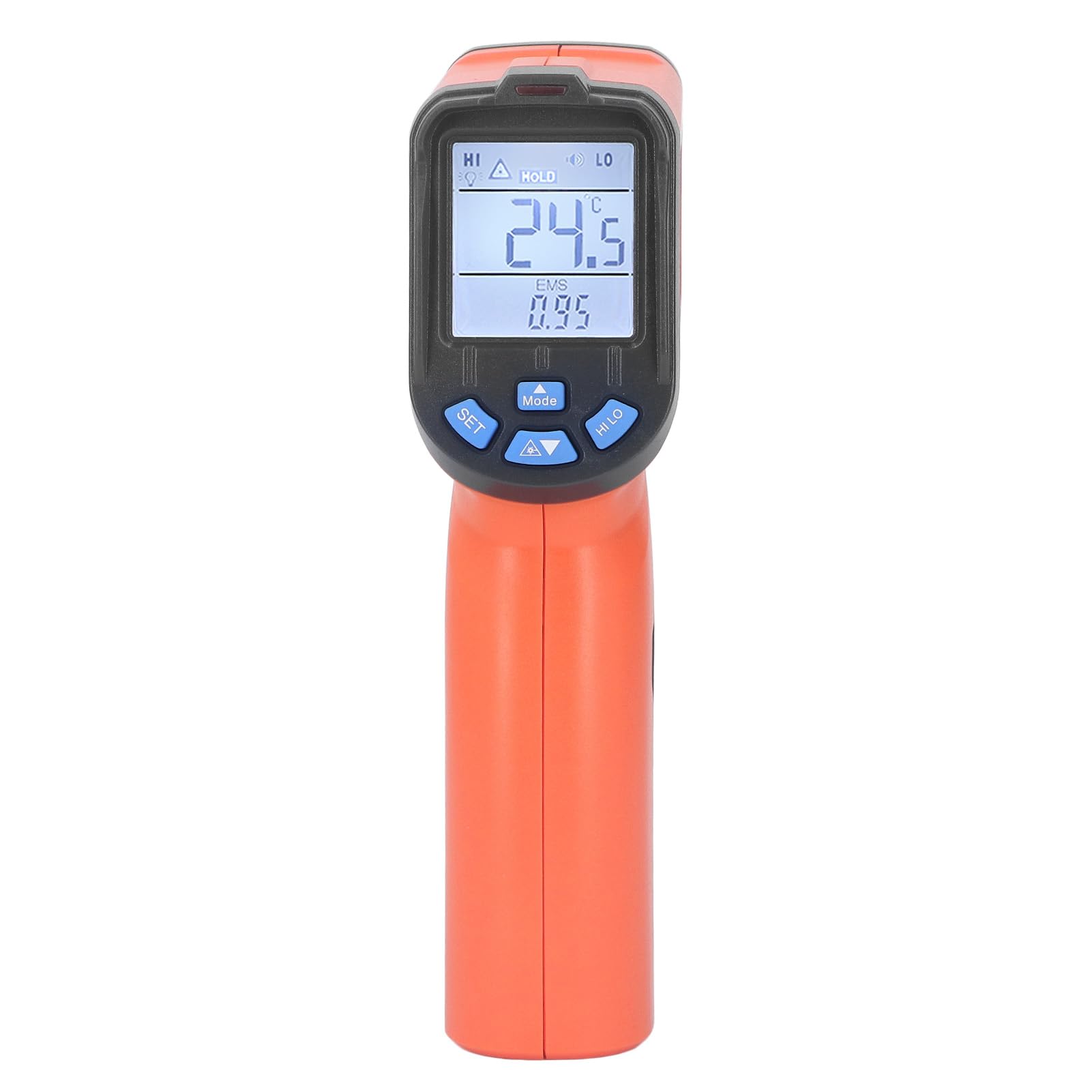 Ręczny termometr na podczerwień do przemysłowego pomiaru temperatury — bezkontaktowy pistolet temperaturowy z podświetlanym ekranem LCD i regulowaną emisyjnością — dokładność ±5
