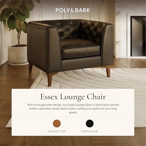 Image of POLY & BARK Essex 40 inch Lounge Chair - Onyx Black Full-Grain Pure-Aniline Italian Leather, Tufted Back & Arms, Feather-Down Cushions, Walnut Wood Legs
