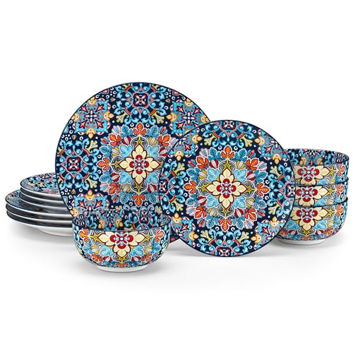 Image of vancasso 12 Pieces Dinnerware Sets, Red Plates and Bowls Set, Porcelain Dishes Set for 4, Microwave and Dishwasher Safe, Scratch Resistant, Bohemian Style Dining Ware Service for 4, Series SIMI