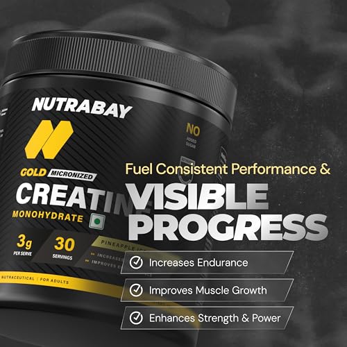 Image of Nutrabay Gold Micronised Creatine Monohydrate 120g Powder, Pineapple Ice Tea Flavor - Pre /Post Workout Supplement for Muscle Repair & Recovery - Supports Performance & Power